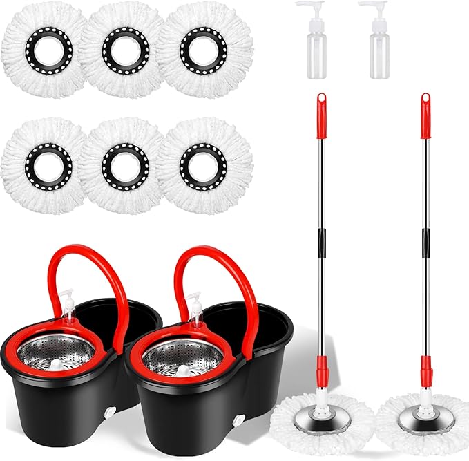 Mop and Bucket with Wringer Set, 360 Floor Cleaning Stainless Steel Mop Bucket, 3 Microfiber Mop Refills, 61" Extended Handle, Black/Red (Set of 2)