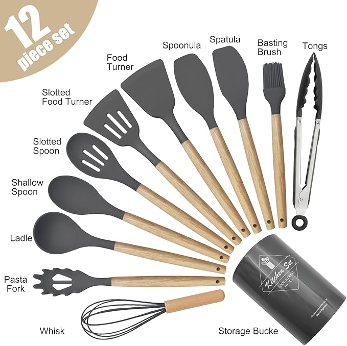 Kitchen Utensils Set of 12, Silicone Cooking Utensils with Non-Slip Wooden Handle and Organizer Bucket, 446°F Heat Resistant Cookware Utensils Set (Dark Grey)