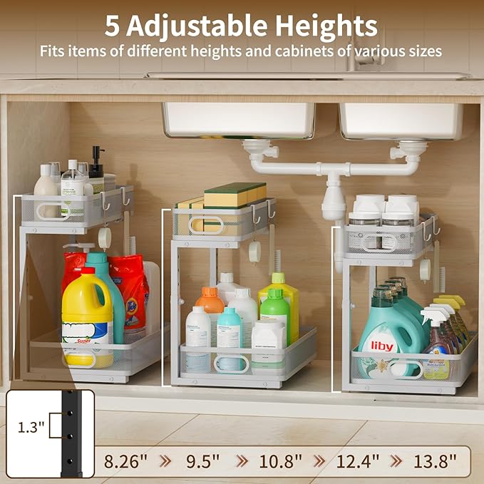 Under Sink Organizer 1 Pack, 2-Tier Slide Out Cabinet Organizer with Metal Sliding Drawer and Hooks, Pull Out Storage Baskets for Kitchen Bathroom Pantry Cabinet Organization (Gray (1 pack))