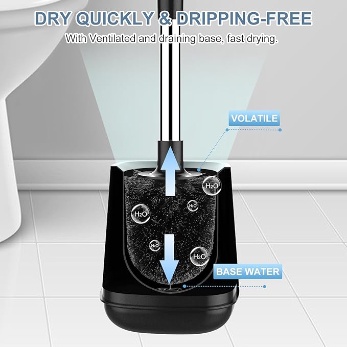SetSail Toilet Brush and Holder 3 Pack, Self Closing Lid Toilet Bowl Brushes Holder Extra Long Handle Ventilated Toilet Brush Set for Bathroom Cleaning, Nylon Bristles, Black