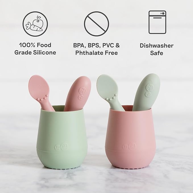 ezpz Tiny Spoon (2 Pack in Blush) - 6 Months+ - 100% Silicone Spoon for Baby Led Weaning + Purees - Designed by a Pediatric Feeding Specialist - Shower Essentials & Gifts