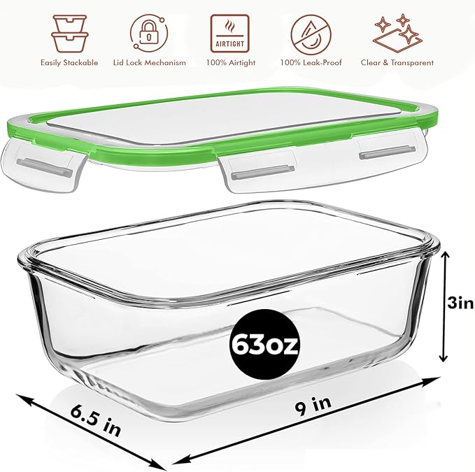 Razab 4 PC 1860ml / 63 Oz / 8 Cups Large Glass Food Storage Containers with Lids - Glass Meal Prep Containers for Roasting & Storing Leftover