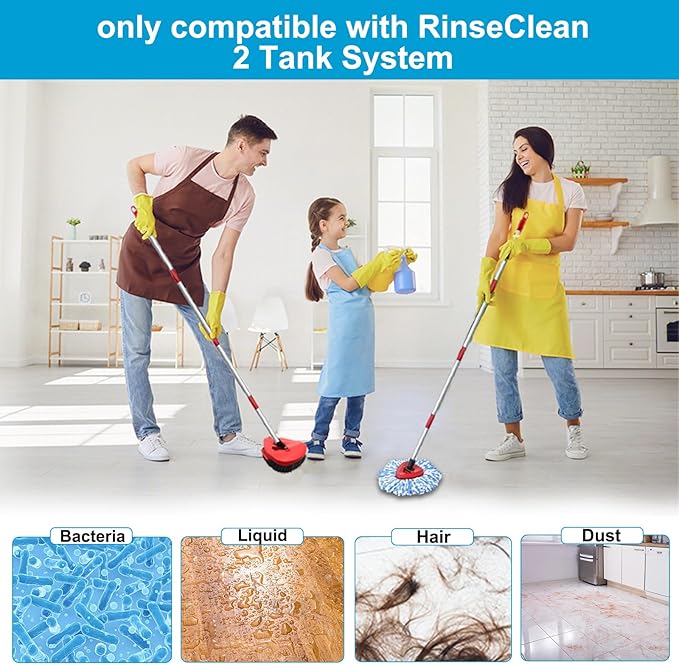 O-Cedar Spin Mop Head, Base, Handle Replacement for RinseClean 2 Tank System, 4 Microfiber Mop Refills,1 Scrub Brush,1 Base and 30-58in Handle Set Combo, Blue, for Wood, Tile, Laminate, Marble