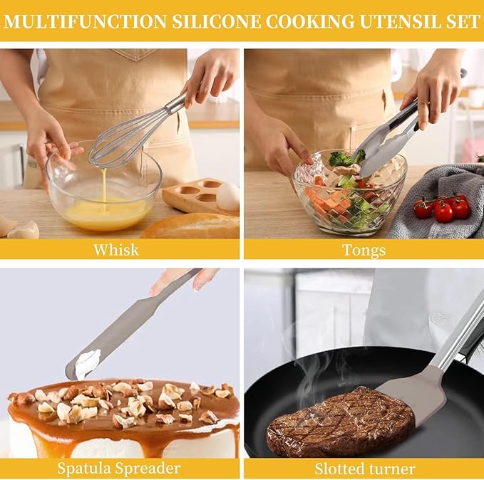 Silicone Kitchen Cooking Utensils Set with Stainless Steel Handle, Spatula Set Utensil Set, Cooking Utensil Set,Kitchen Tools Gadgets for Nonstick Cookware (35, Khaki)