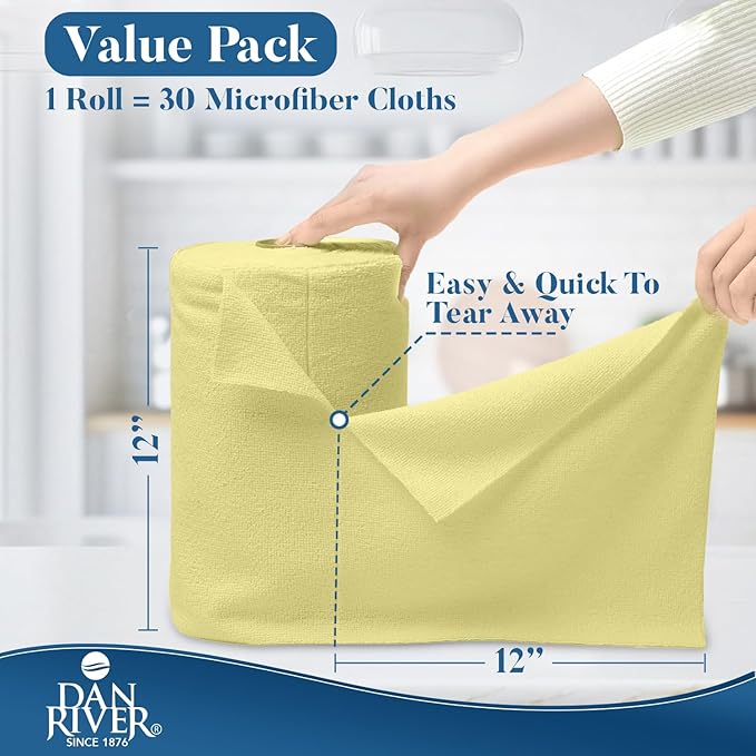 DAN RIVER Microfiber Cleaning Cloth Roll - 30 Pack,12x12 Inch Reusable Tear Away Lint-Free Cloth for Kitchen, Car and Home -Streak-Free Towels for Dusting, Glass, Electronics & Dish Cleaning (Yellow)