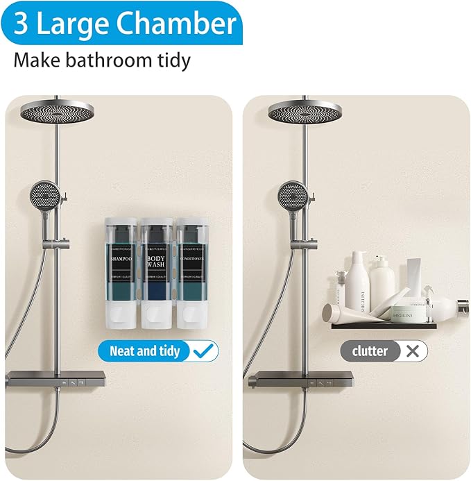 Shampoo and Conditioner Dispenser, Shower Shampoo Dispenser 3 Chamber No Drill, Shampoo and Conditioner Bottles for Bathroom Hotel Large Capacity(White)
