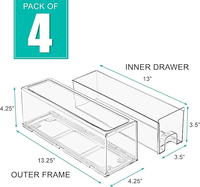 Sorbus Small Clear Stackable Storage Drawers – 4-Pack Plastic Organizer Bins with Handles – Stackable Pull-Out Storage Drawers for Closet, Pantry, Office, Bathroom, Craft, and Toy Organization