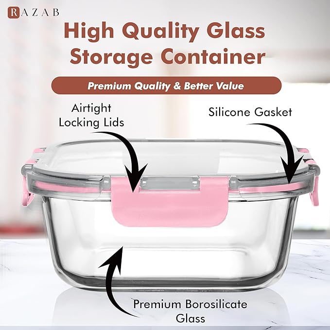 Razab 2 PC 1200ML / 41 Oz Glass Food Storage Containers with Lids - Airtight & Leakproof - Microwave/Oven/Freezer Safe - BPA Free
