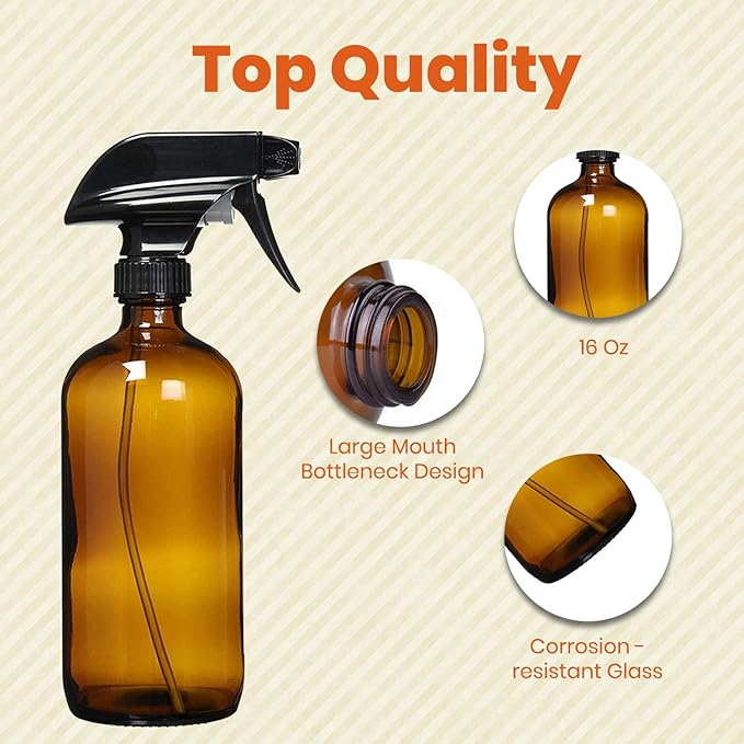 Homeries Amber Glass Spray Bottles For Cleaning Solutions (4 Pack) - 16 Ounce, Refillable Sprayer for Essential Oil, Water, Kitchen, Hair. Durable Black Trigger Sprayer w/Mist and Stream Settings