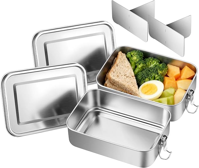 Leonyo 2 Pack 18/10 Stainless Steel Bento Box 28oz, 850ml Metal Lunch Box with Removable Divider