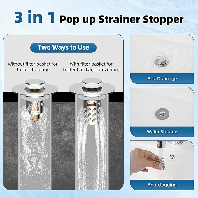 iFealClear 2 Pack All Metal Bathroom Sink Stopper, Pop Up Sink Drain Strainer with Removable Stainless Steel Filter Basket, Universal for 1.1"-2.36" Sink, Brass Bounce Core, Hair Catcher, Chrome