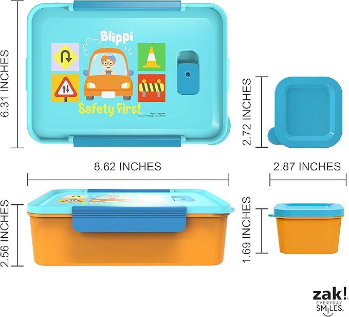 Zak Designs Blippi Reusable Plastic Bento Box with Leak-Proof Seal, Carrying Handle, Microwave Steam Vent, and Individual Containers for Kids' Packed Lunch (3-Piece Set)