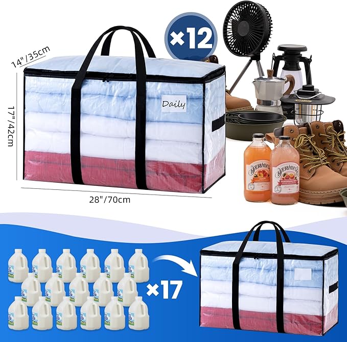 TAILI Extra Large Moving Bags, 12 Pack Clear Heavy Duty Totes For Storage with Visible Window, Wrap Around Handles, Storage Bags for Space Saving
