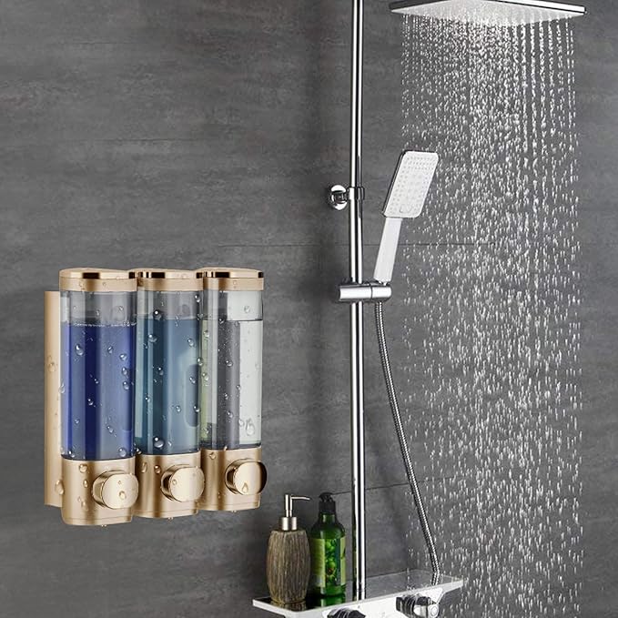 Shower Soap Dispenser Wall Mounted Shampoo and Conditioner Dispenser No Drill 3 Chamber Large Capacity for Bathroom Hotel, Gold