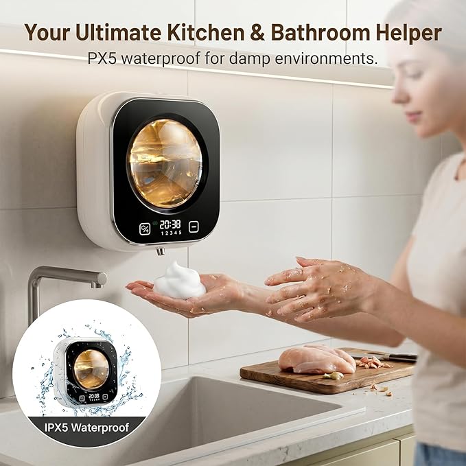 Automatic Foam Soap Dispenser Bathroom,Wall Mounted Touchless Foaming Soap Dispenser Rechargeable with Smart LCD Display & 5-Level Adjustable Foam,Electric Dispenser for Kitchen Office (White)