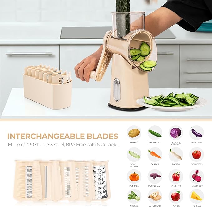 SUSTEAS Rotary Cheese Grater with Handle - Vegetable Shredder with 5 Well-designed Blades & Strong Suction Base,Round Mandoline Slicer & Food Chopper for Kitchen,with Blade Storage Box(Beige)