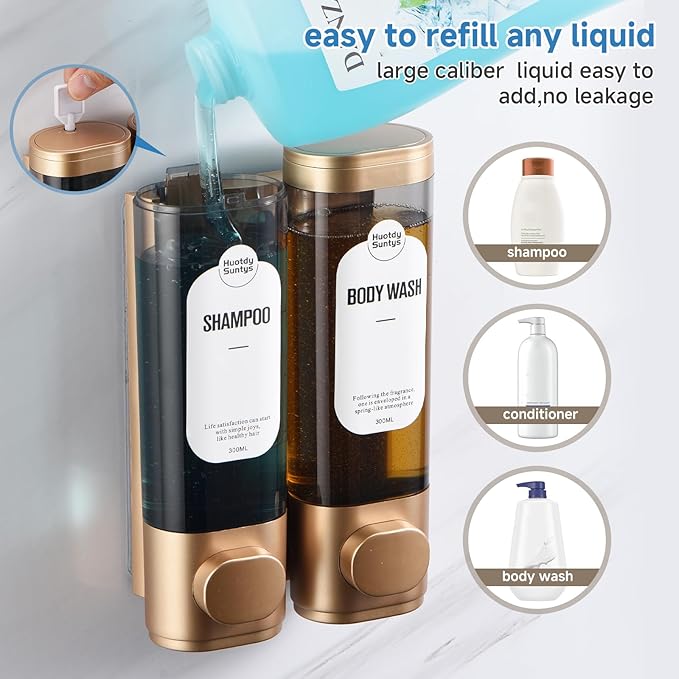 Shampoo and Conditioner Dispenser, Refillabe Shower Soap Dispensers 2 Chamber No Drill Shampoo Dispenser for Shower Wall Mounted 2 * 300ml Container for Bathroom Hotel (Gold 2 Chamber)