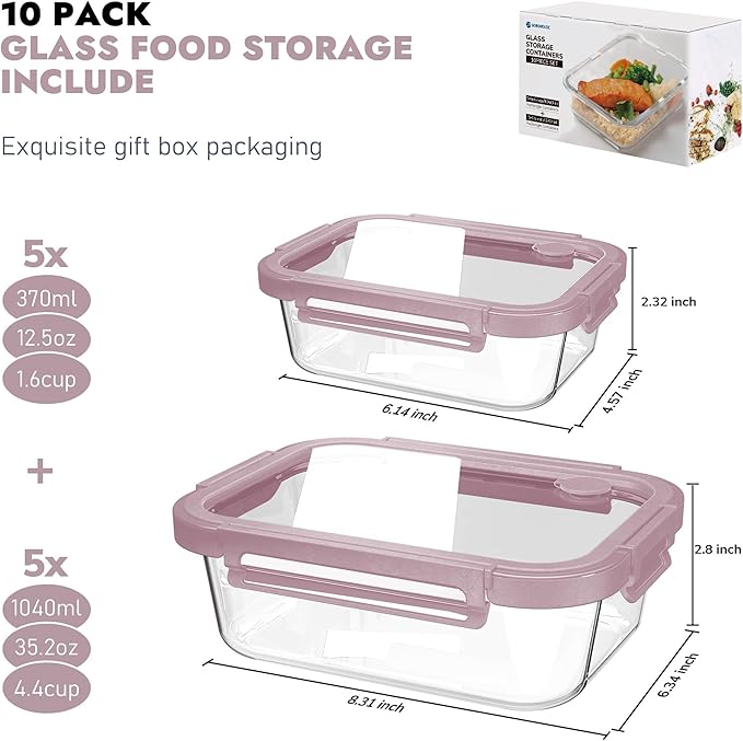 10-Pack Glass Food Storage Containers with Tempered Lids – Borosilicate, Airtight, Oven-Safe (-4°F~950°F), BPA-Free, 4.4 & 1.6 Cup, Leak-Proof