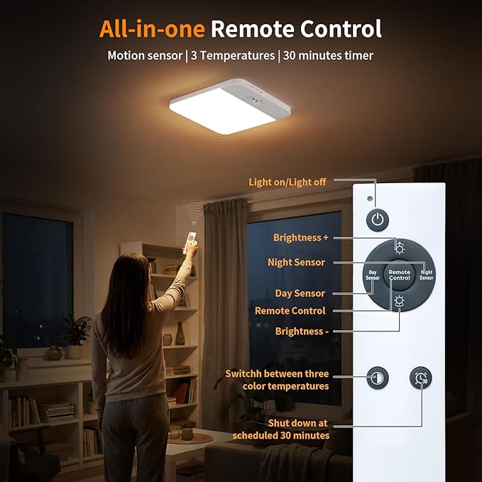 NARUNDREN Rechargeable Motion Sensor LED Ceiling Light with Remote, Wireless Battery Operated Closet Light, 400LM Dimmable 3 Color Temperatures, Motion Activated Light for Stair Hallway Garage Pantry