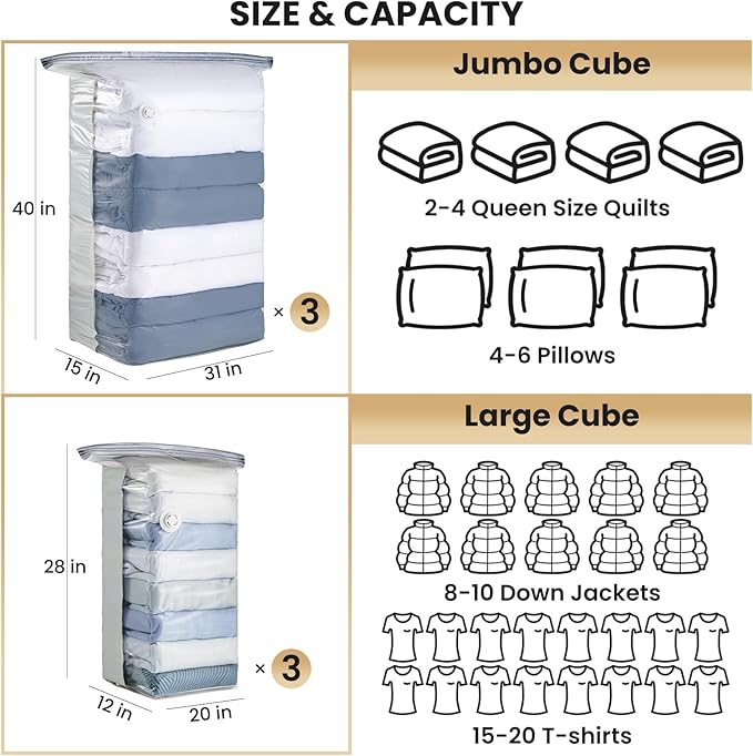 TAILI 6 Pack Vacuum Storage Bags, Cube Space Bags (3 Jumbo +3 Medium), Combo Vacuum Seal Bags for Clothing, Bedding, Comforters, Blankets, 2 Size Closet Oragnizaer and Saving Space