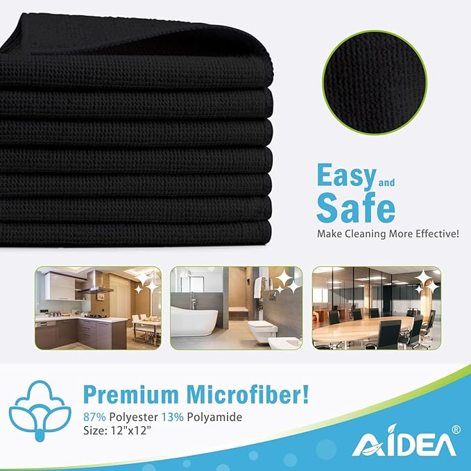 AIDEA Microfiber Cleaning Cloth 100PK, Soft Microfiber Towels for Cars, Absorbent Cleaning Rags, Lint-Free Streak-Free Wash Cloths for House, Kitchen, Window(12inx12in), Black