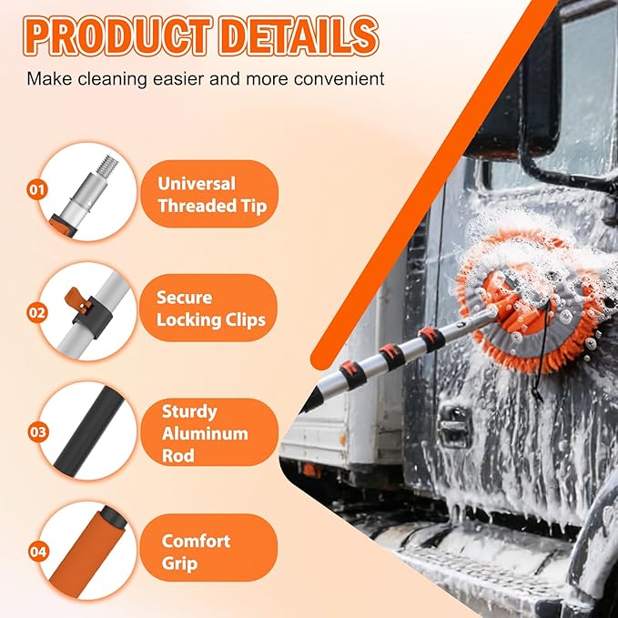 SISUPASSIE 16FT Car Wash Brush with Long Handle, Car Cleaning Brush Kit with Soft Bristle Brush, Solar Panel Cleaning Kit, Window Squeegee, Microfiber Mop, Wheel Brush, Mitt for Truck, RV, Boat