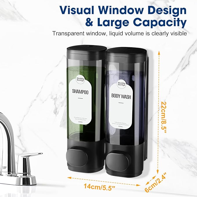2-Chamber Shampoo and Conditioner Dispenser Shower Soap Dispenser 2 Chamber No Drill,Shower Soap Dispenser Wall Mounted, HUOTDY SUNTYS Body Wash Dispenser Set for Bathroom Toilet Hotel Kitchen (BLACK)