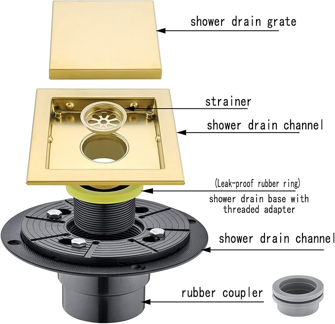RANDOM Brushed Gold Shower Drain Square with Adjustable Base Flange,SUS304 Stainless Steel 6 inch Floor Drain Kit with Tile Insert Flat Shower Drain Cover & Threaded Adapter.98728BG-S