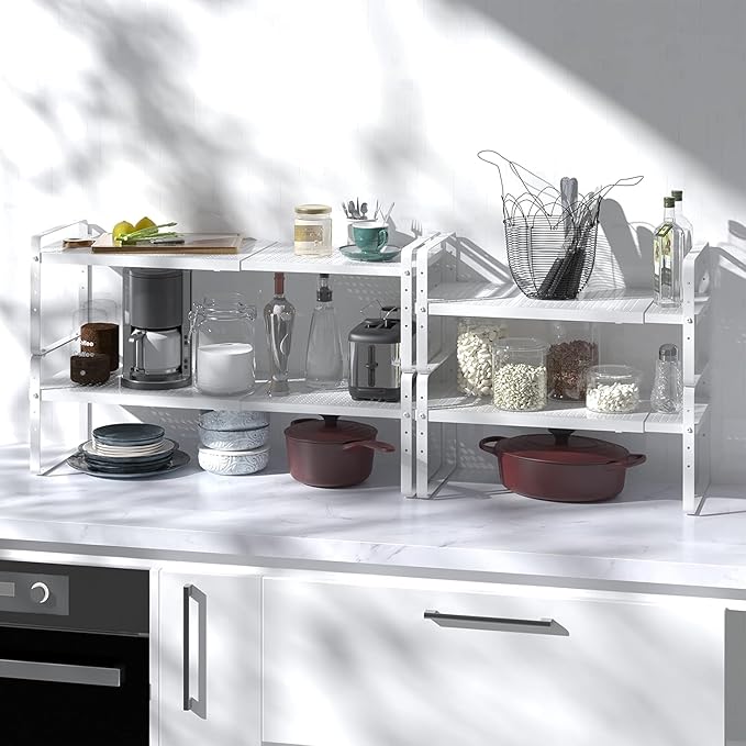 Expandable Kitchen Cabinet Shelf Organizer Rack Heavy Duty Metal Spice Rack Stackable Kitchen Counter Storage Shelf for Kitchen Cabinet Pantry Bathroom (White - 16.5"-27" L x 8" W x 9.6" H - 3Pack)