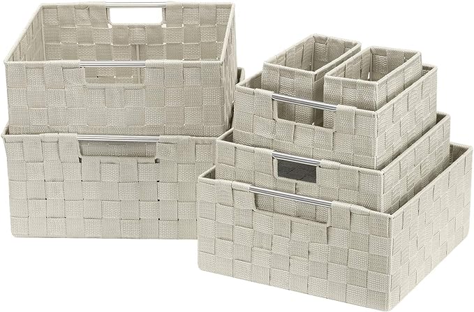 Sorbus Storage Baskets for Organizing (Set of 7), Mesh Hand-Woven Design, Linen Closet Organizers and Storage, Organizer Storage Baskets for Shelves, Variety Pack Organizers and Storage (Beige)