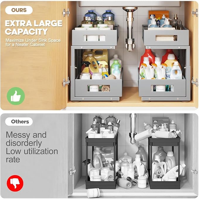1 Pack 17IN Depth Under Sink Organizer, 2-Tier Pull Out Cabinet Organizer With Smooth Circular Rail, Large Capacity Metal Mesh Sliding Drawers For Bathroom& Kitchen Storage,Height Adjustable-Gun Gray