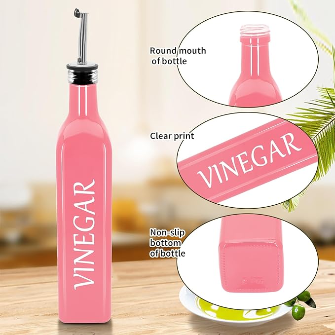 1 Pc 17oz Olive Dispenser Bottle,500ml Glass Oil and Vinegar Dispenser Set with 1 Stainless Steel Pourers,Funnel Bottles for Kitchen (Pink Vinegar)