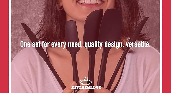 KITCHENLOVE Premium 600°F Heat Resistant 5 Piece Silicone Spatula Set for Baking, Cooking, Mixing - Non-Stick with High Grade S-Iron Steel Core - One Piece Seamless Design - BPA Free (Black)