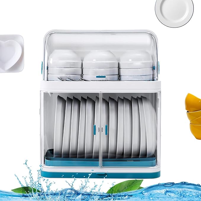 2 Tier Dish Drying Rack, Drain Board with Lid Plastic Dust Cover, Kitchen Plate Cup Dish Drying Rack, Tableware Storage Box Dishes Drain Shelf Rack Closed Holder for Home Using