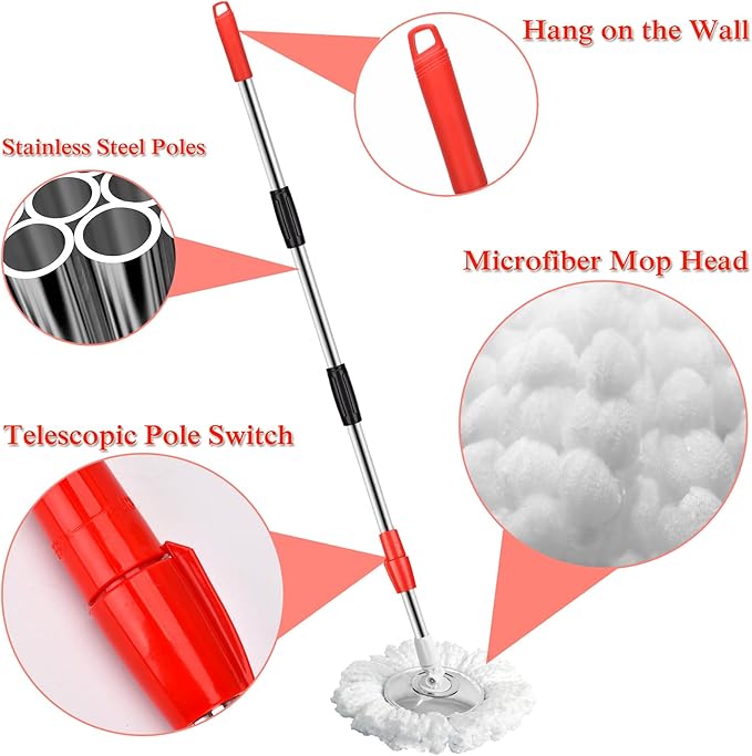 Spin Mop Bucket, Spin Mop Bucket System with 2 Mop Heads, Stainless Steel Mop Cleaning Bucket for Floor Cleaning