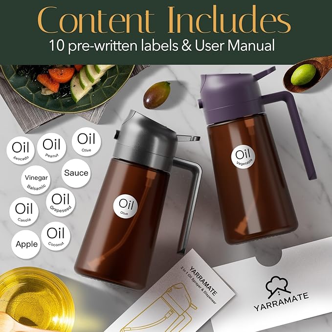 YARRAMATE 16oz/470ml Light Blocking Oil Sprayer for Cooking with Stickers, Food-Grade 2 in 1 Olive Oil Dispenser Bottle for Kitchen, Premium Dark Amber Glass Oil Bottle for Air Fryer, BBQ (Black)
