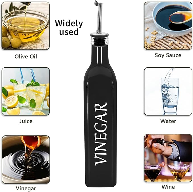 1 Pc 17oz Olive Dispenser Bottle,500ml Glass Oil and Vinegar Dispenser Set with 1 Stainless Steel Pourers,Funnel Bottles for Kitchen (Black Vinegar)