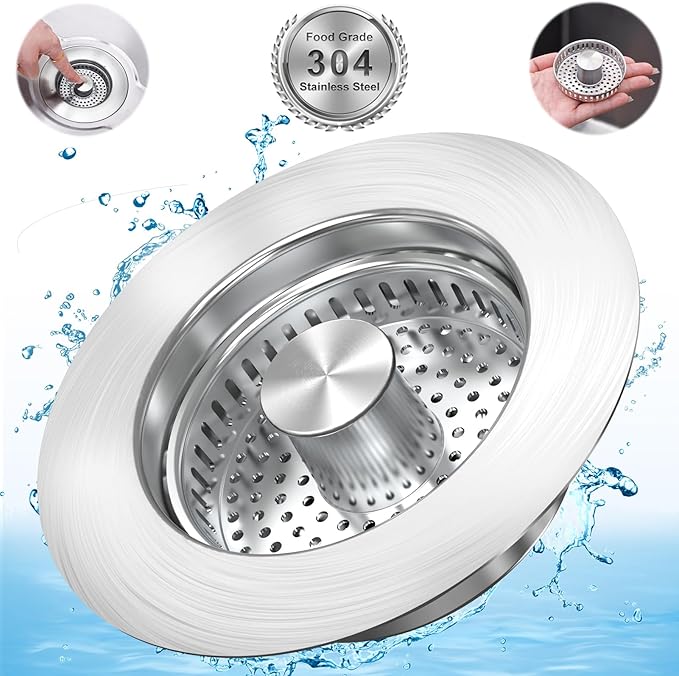 Brushed Stainless Steel Sink Strainer - 3-1/2" Drain Stopper