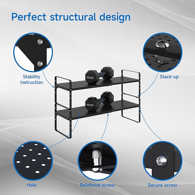 Expandable Cabinet Shelf Organizer Adjustable Metal Spice Rack Stackable Freestanding Counter Storage Shelves for Kitchen Cabinet Under Sink Office Desk (Black - 2Pack - L16.5-27'' * W8'' * H9.6'')