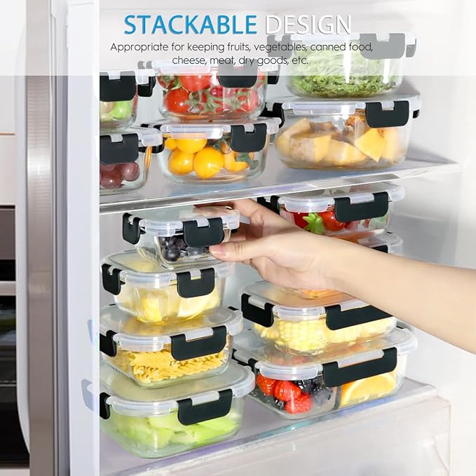 AMALEKO 42pcs Glass Food Storage Containers with Snap Locking Lids Set, Glass Meal Prep Containers (21 Container & 21 Lids)