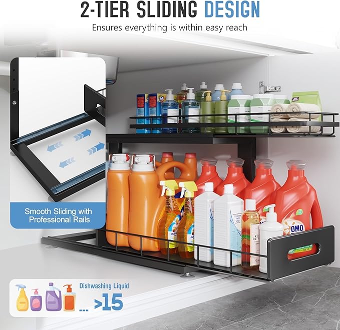 Under Sink Organizer Upgrade To Professional Rails,2-Tier Dual Pull Out Cabinet Storage,Height Adjustable Slide Out Drawers For Bathroom Kitchen