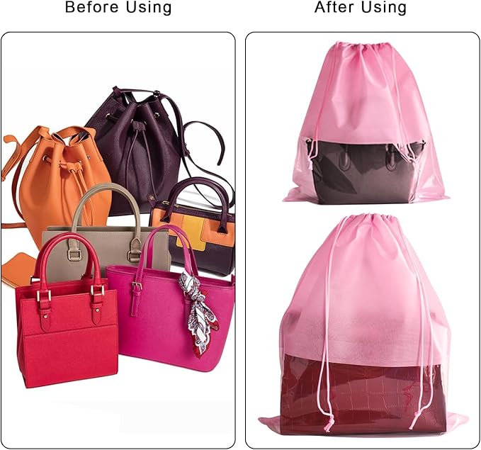 8PCS Dust Bags for Handbags Jumbo Travel Shoe Bags Purses Organizers Storage Bags with Rope Clear Window Dustproof Drawstring Bag Storage Pouch for Men and Women - Pink, 23.6 x 19.7 in
