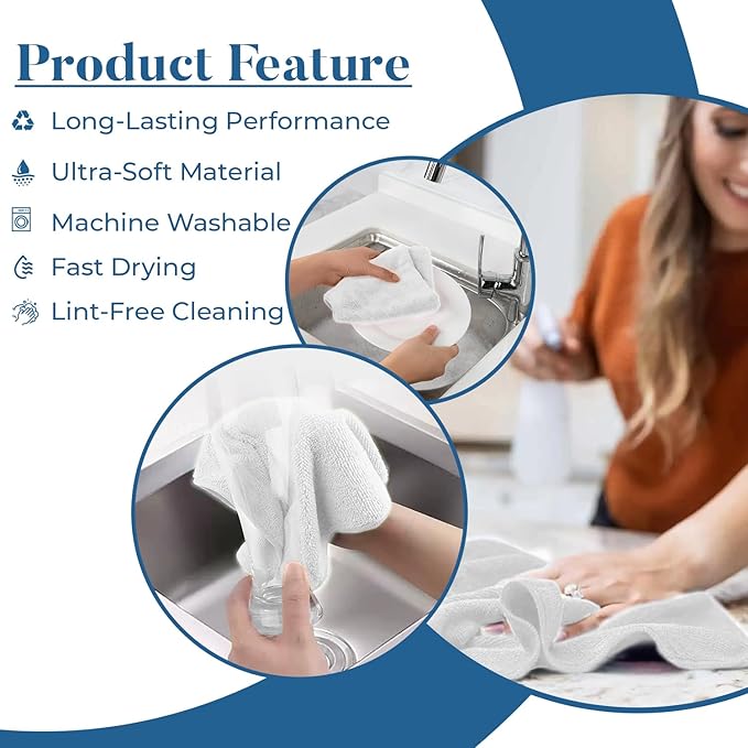 Dan River Tear Away Microfiber Cleaning Towel Roll - 30 Pack, 12x12 Inch Reusable Cloths for Dust, Kitchen, Bathroom, Cars - Scratch-Free, Lint-Free Cleaning Supplies (White)