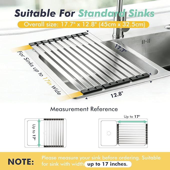 Roll Up Dish Drying Rack, 17.7" x 12.8" Over Sink Stainless Steel Rack, Foldable Heat-Resistant Dishes Drainer for Kitchen and RV Sink Counter (Black-17.7" x 12.8")