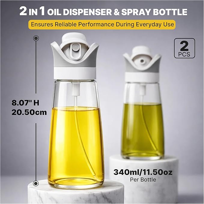 2 In 1 Oil Dispenser And Spray Bottles, Two pack 11.5 Oz Bottles, Glass Olive Oil Sprayer For Cooking, Baking, Air Fryer, Salad And BBQ, Controlled Pour And Spray
