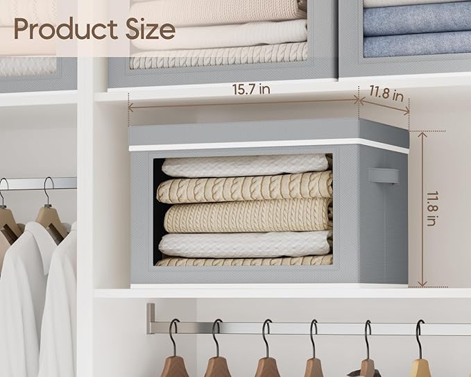 Homsorout Collapsible Storage Bins with Lids - Stackable Storage Containers with Window, 15.7 Inch Fabric Organizing Bins for Closet, Home & Office Organization Baskets, Grey, 3 Pack