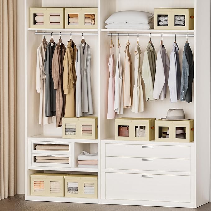 Homsorout Large Closet Storage Bins - Collapsible Divided Clothes Organizer with Lids & Dual Window, Fabric Organizing Bins for Clothes, Sweater, Bedroom, Office (Beige, 2 Pack)
