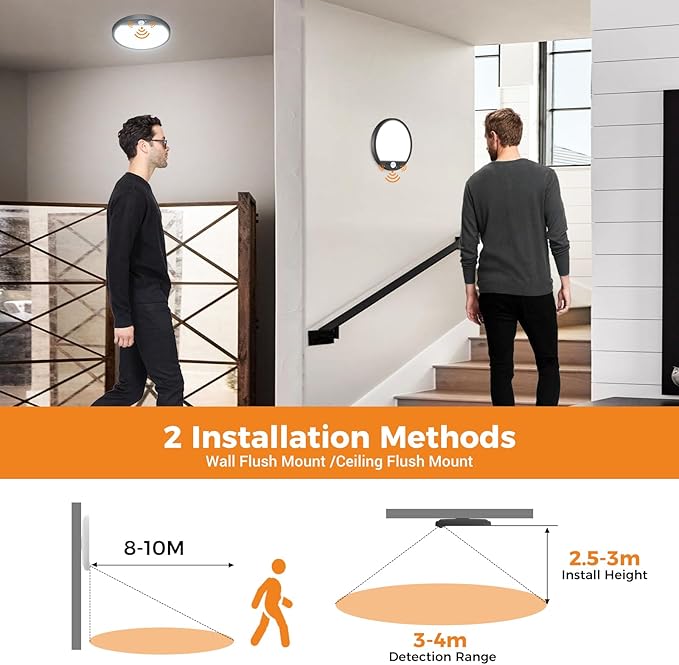 slochi 4Pack Motion Sensor Light Indoor Wired PIR, 3000K/4000K/6500K Closet Lights Motion Sensored, 15W 1500LM 7 in, Timer, Motion Activated Flush Mount Ceiling Light for Hallway Wall Pantry, Black