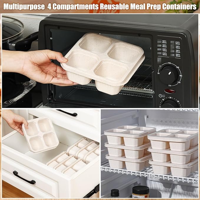 Ziliny 12 Pcs 4 Divided Compartments Snack Containers Bento Wheat Straw Snack Box with Lid Reusable Meal Prep Lunch Box Food Storage Containers for Adults Christmas Travel Work Gifts(Beige)