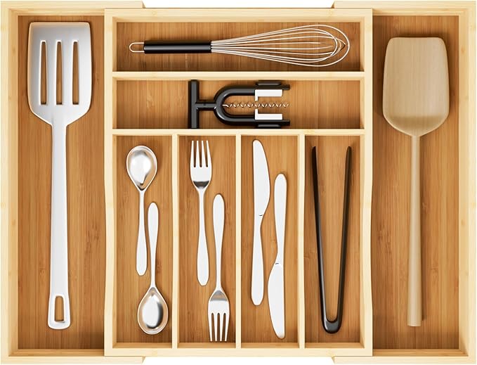 Bamboo Expandable Drawer Organizer Tray with Dividers, Adjustable Kitchen Flatware Organizers for Utensils & Silverware, 6-8 Slots Curved Groove Storage (Natural)